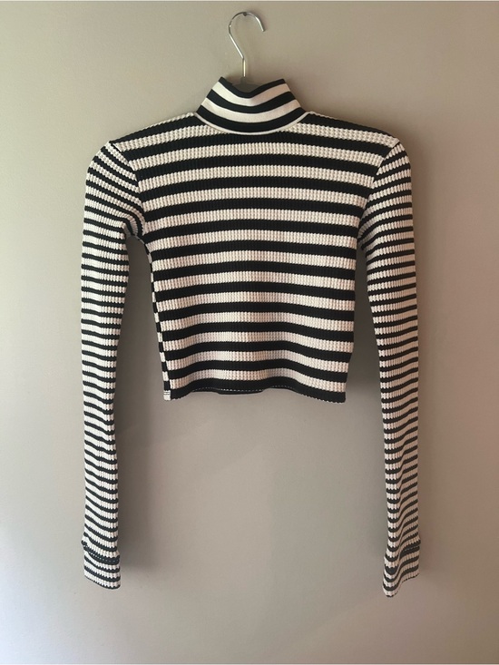 aerie Tops - aerie Black & White Striped Ribbed Turtleneck Crop Top